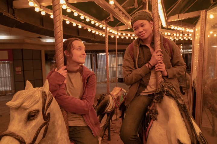Ellie and Riley ride a carousel together in The Last of Us Episode 7.