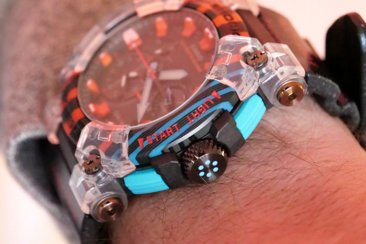 The G-Shock Poison Dart Frog Frogman's crown and side buttons.