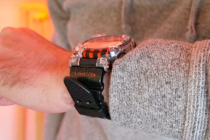The G-Shock Poison Dart Frog Frogman being worn on a person's wrist.