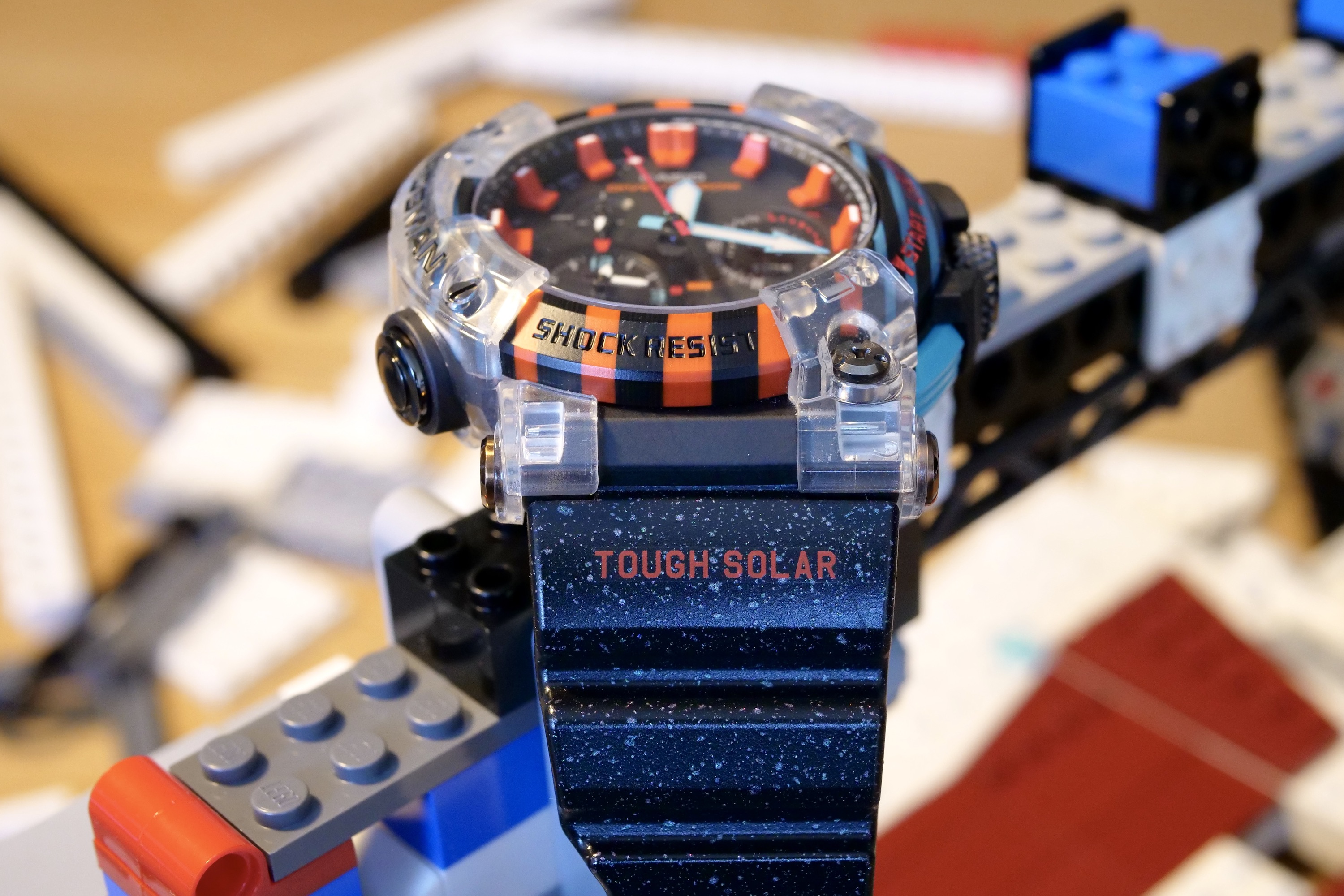 A close-up of the G-Shock Poison Dart Frog Frogman's side and strap.