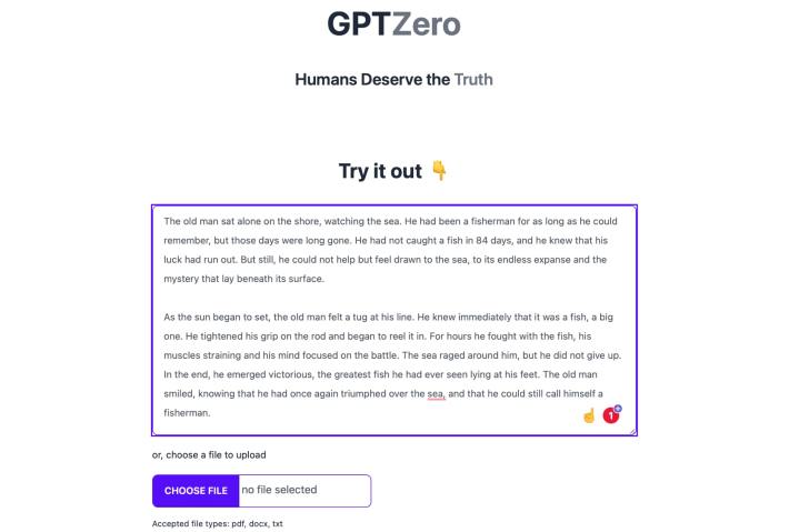 GPTZero's website is quite simple with a text box and a submit button.