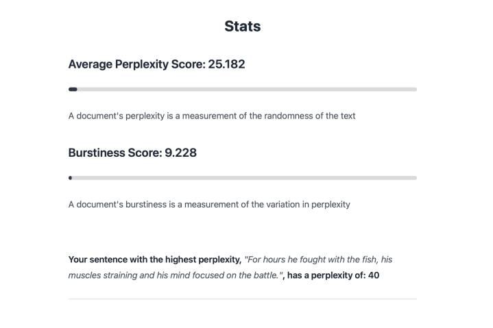 GTPZero's AI text assessment includes statistics of perplexity and burstiness.