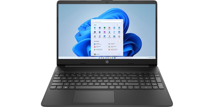 HP 15-inch laptop placed on a white background displaying Windows 11.