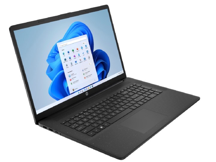 HP 17.3-inch laptop with Windows 11 interface on the screen.
