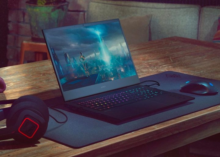 The HP Omen 16-inch gaming laptop on a desk with gameplay action on the screen.