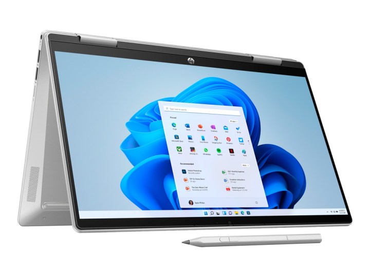 The HP Pavilion x360 14t-ek000 2-in-1 laptop against a white background.