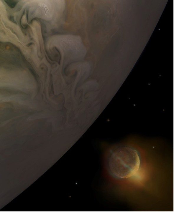 Художественное изображение кислородного, натриевого и калиевого полярных сияний, когда Ио входит в тень Юпитера.