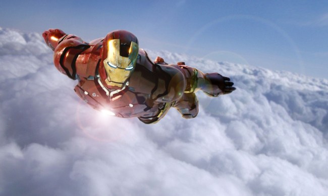 Iron flies in the sky in Iron Man.