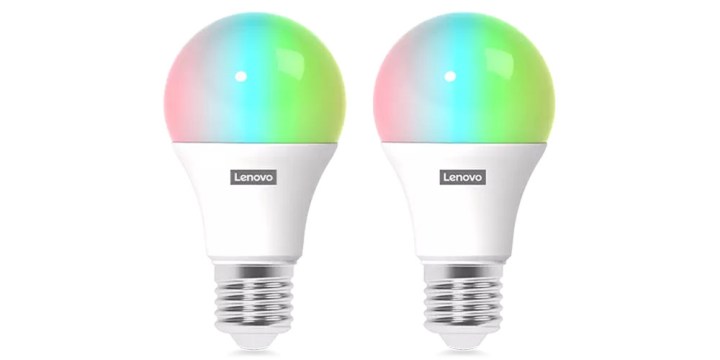 Two Lenovo Smart Bulbs sitting next to each other on a white background.