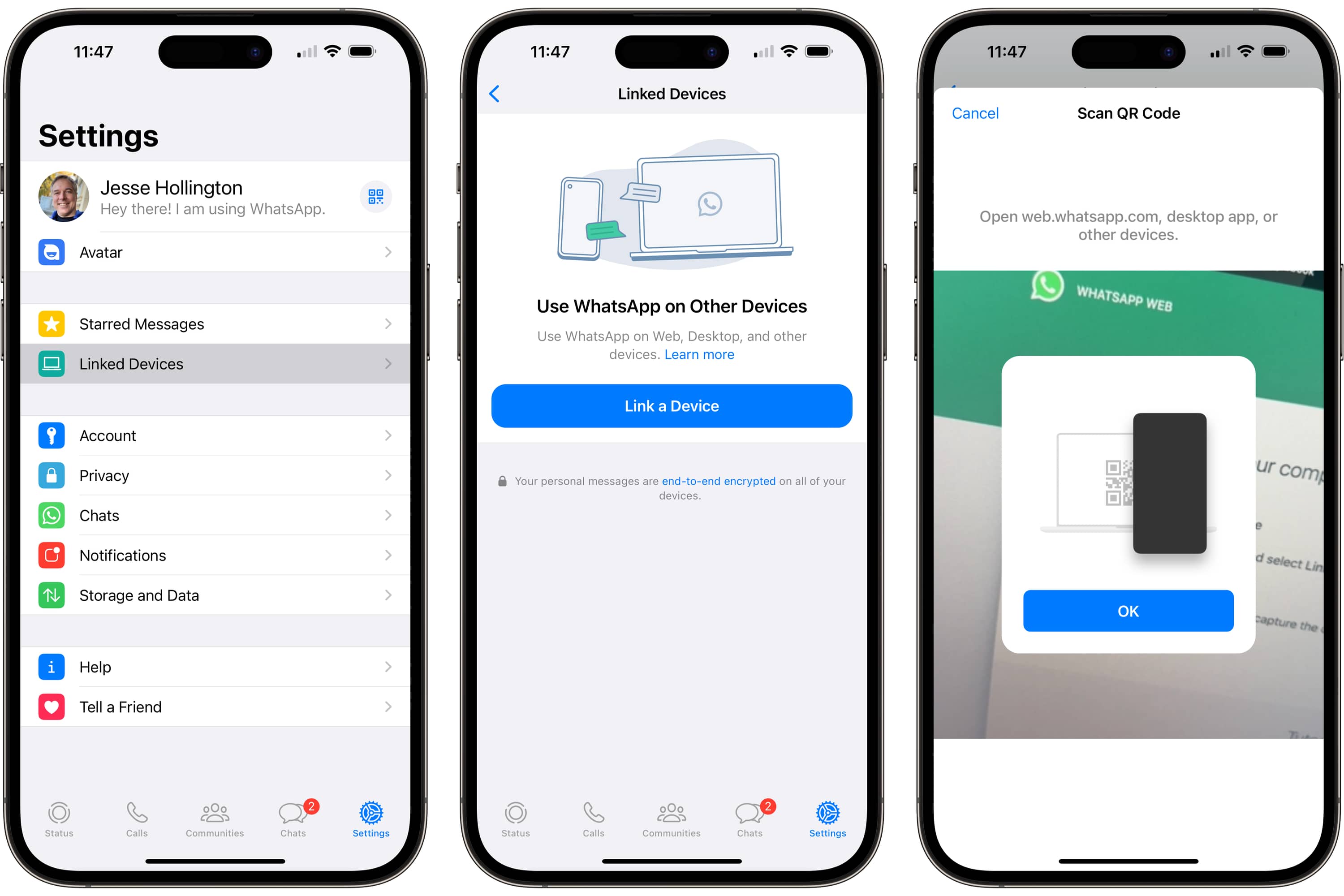 Three iPhones showing steps to link WhatsApp with another app or website.