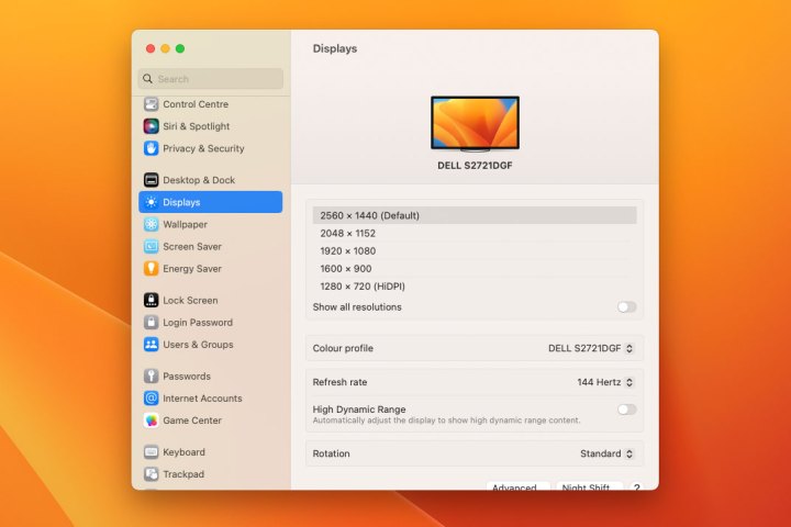 The System Settings app in macOS Ventura on a Mac mini, showing display settings where a user can change their Mac's screen resolution.