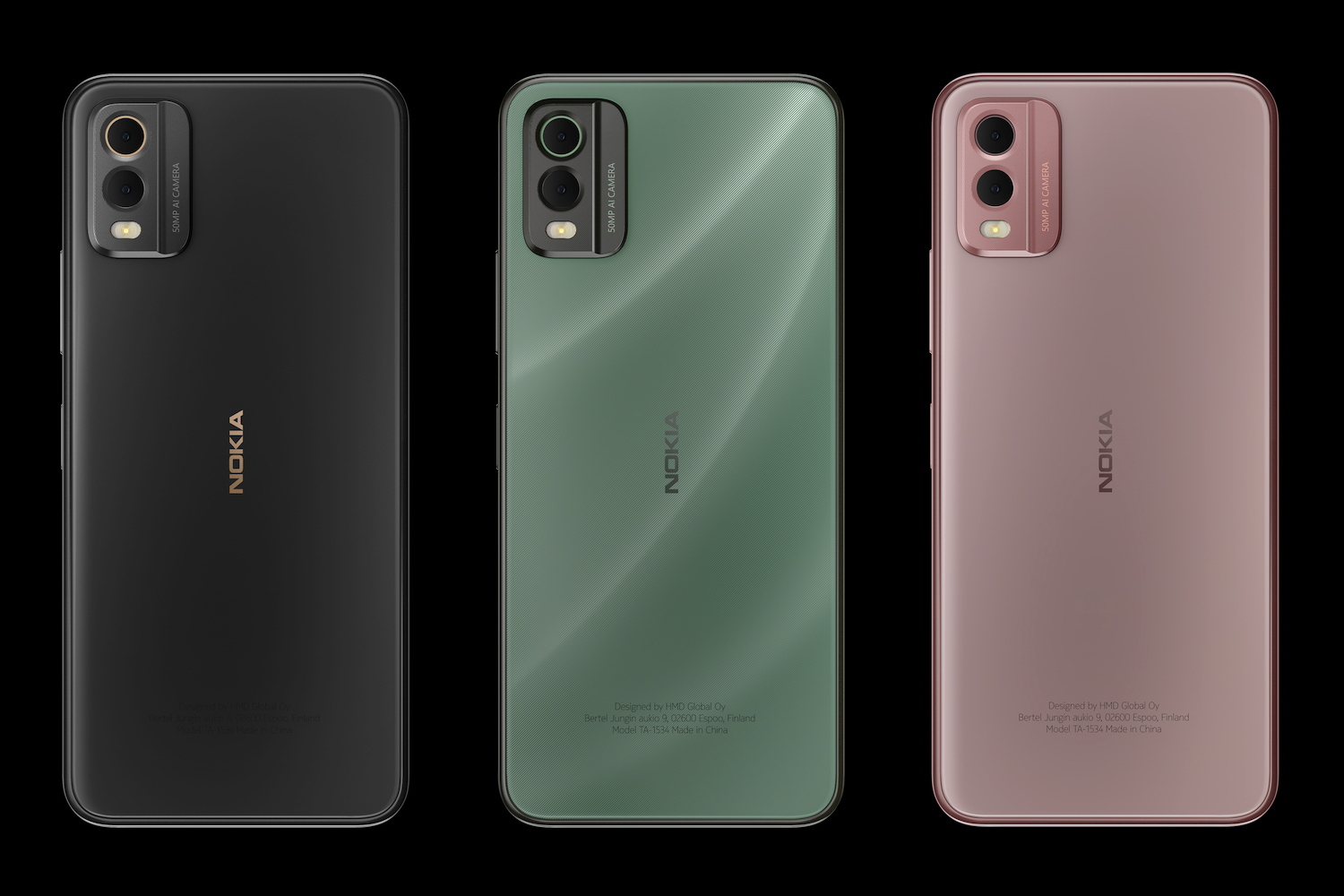 O Nokia C32 em suas três cores, preto, verde e rosa.