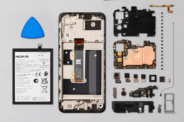 The Nokia G22 broken down into its component parts.