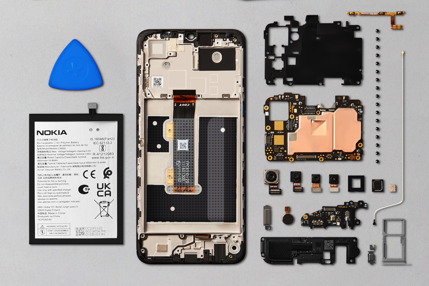 The Nokia G22 broken down into its component parts.