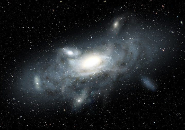 This image shows an artist impression of our Milky Way galaxy in its youth. Five small satellite galaxies, of various types and sizes, are in the process of being accreted into the Milky Way. These satellite galaxies also contribute globular star clusters to the larger galaxy. The Sparkler galaxy provides a snap-shot of an infant Milky Way as it accretes mass over cosmic time.