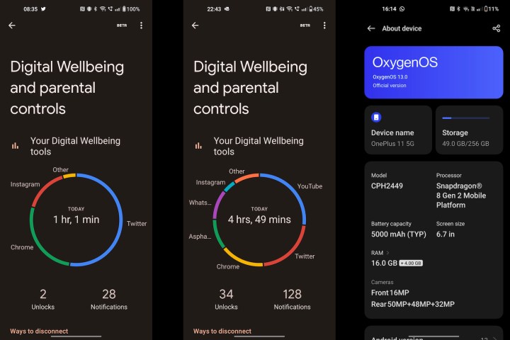 Una raccolta di screenshot che mostrano OxygenOS 13 su OnePlus 11.
