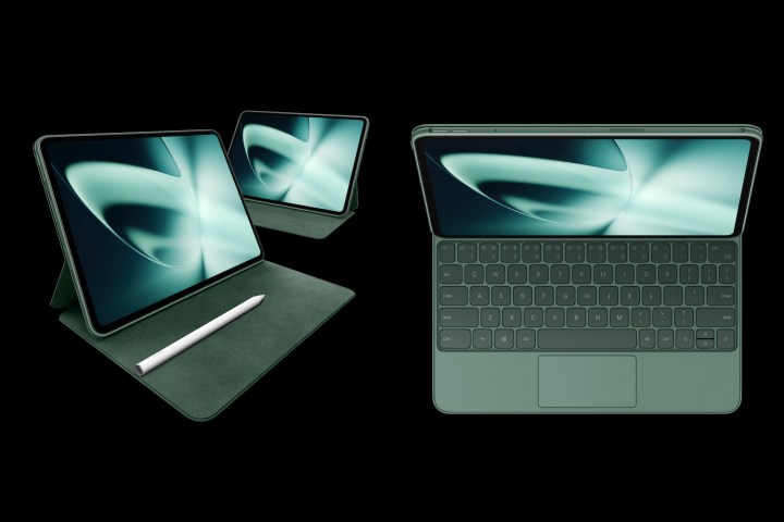 O tablet OnePlus Pad com caneta Stylo e capa de teclado.
