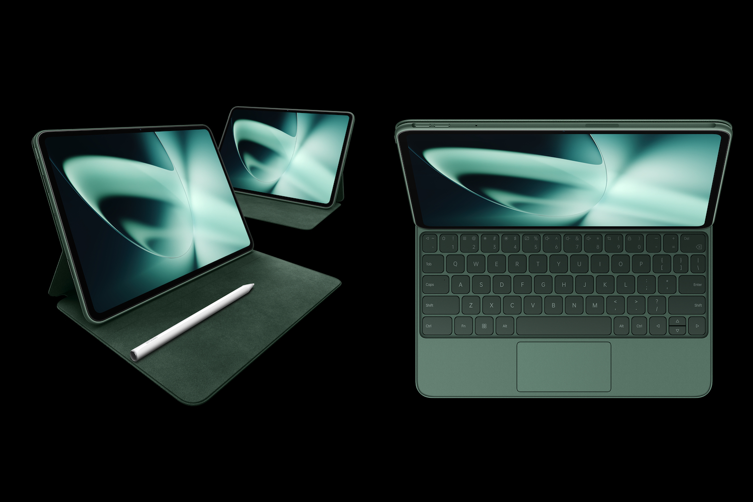 O tablet OnePlus Pad com caneta Stylo e capa de teclado.