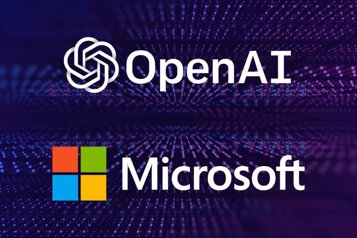 OpenAI and MIcrosoft logos appear over a computer generated background.