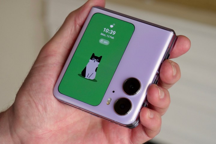 The cat "interactive pet" widget on the Oppo Find N2 Flip's cover screen.
