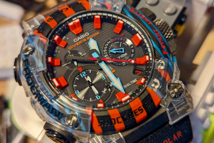 A close-up of the G-Shock Poison Dart Frog Frogman's dial.