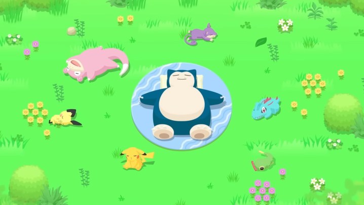 Une illustration d'un Snorlax et d'autres Pokémon faisant la sieste de la bande-annonce de Pokémon Sleep.