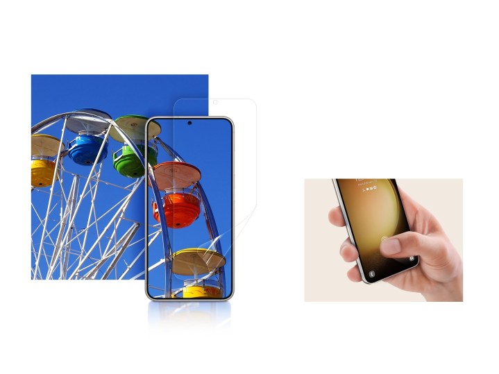 Samsung Galaxy S23 Ultra screen protector installed with examples.