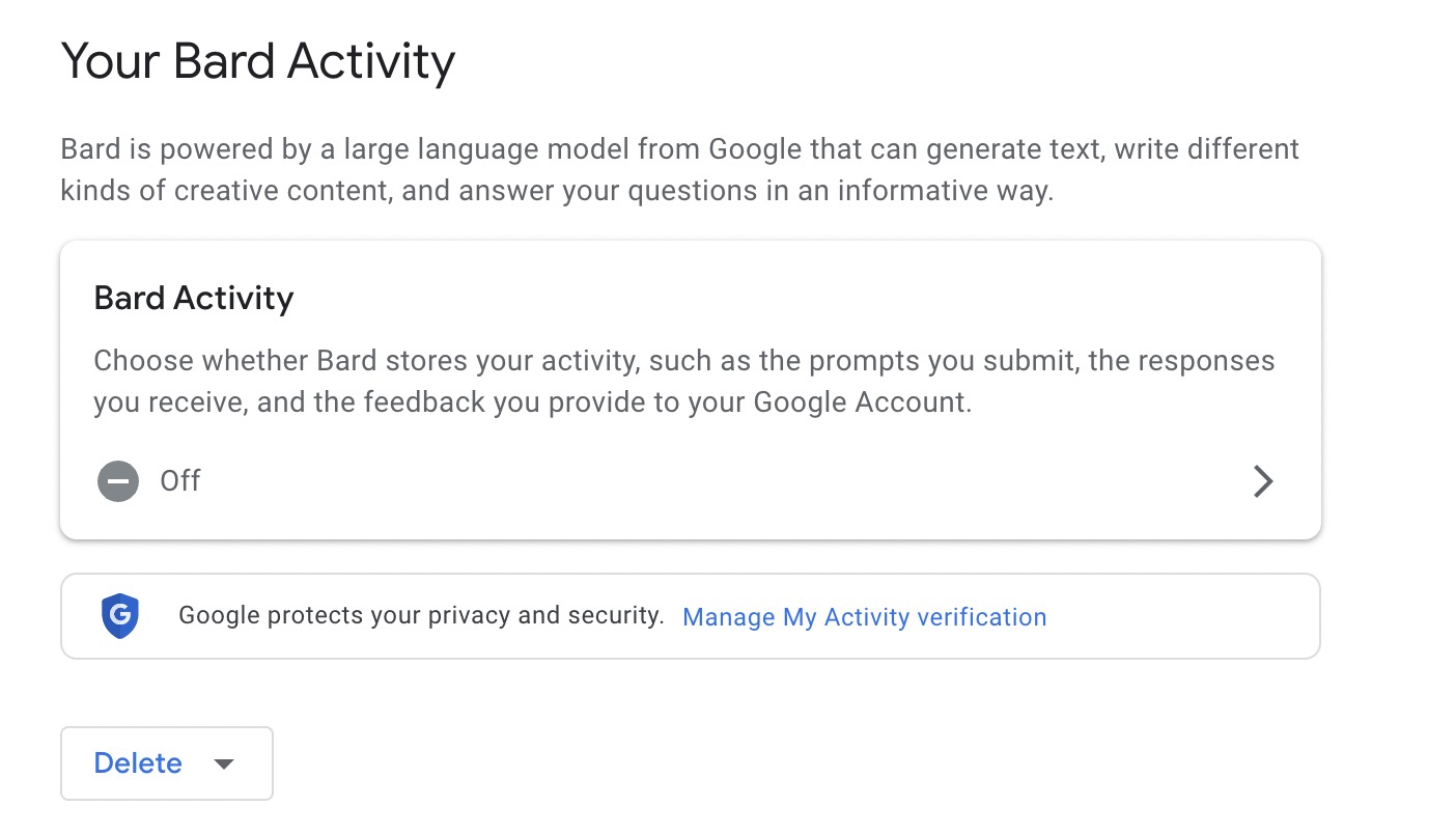 Uma captura de tela mostrando as opções de privacidade de Bard.