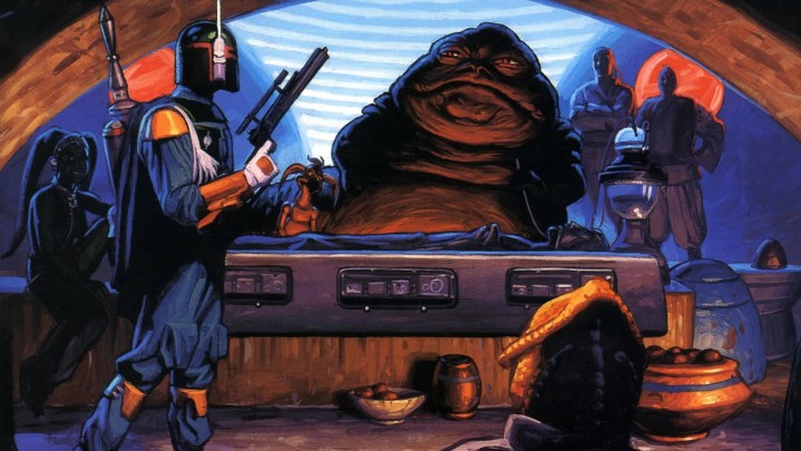 Boba Fett entregando a Han Solo a Jabba en su palacio.