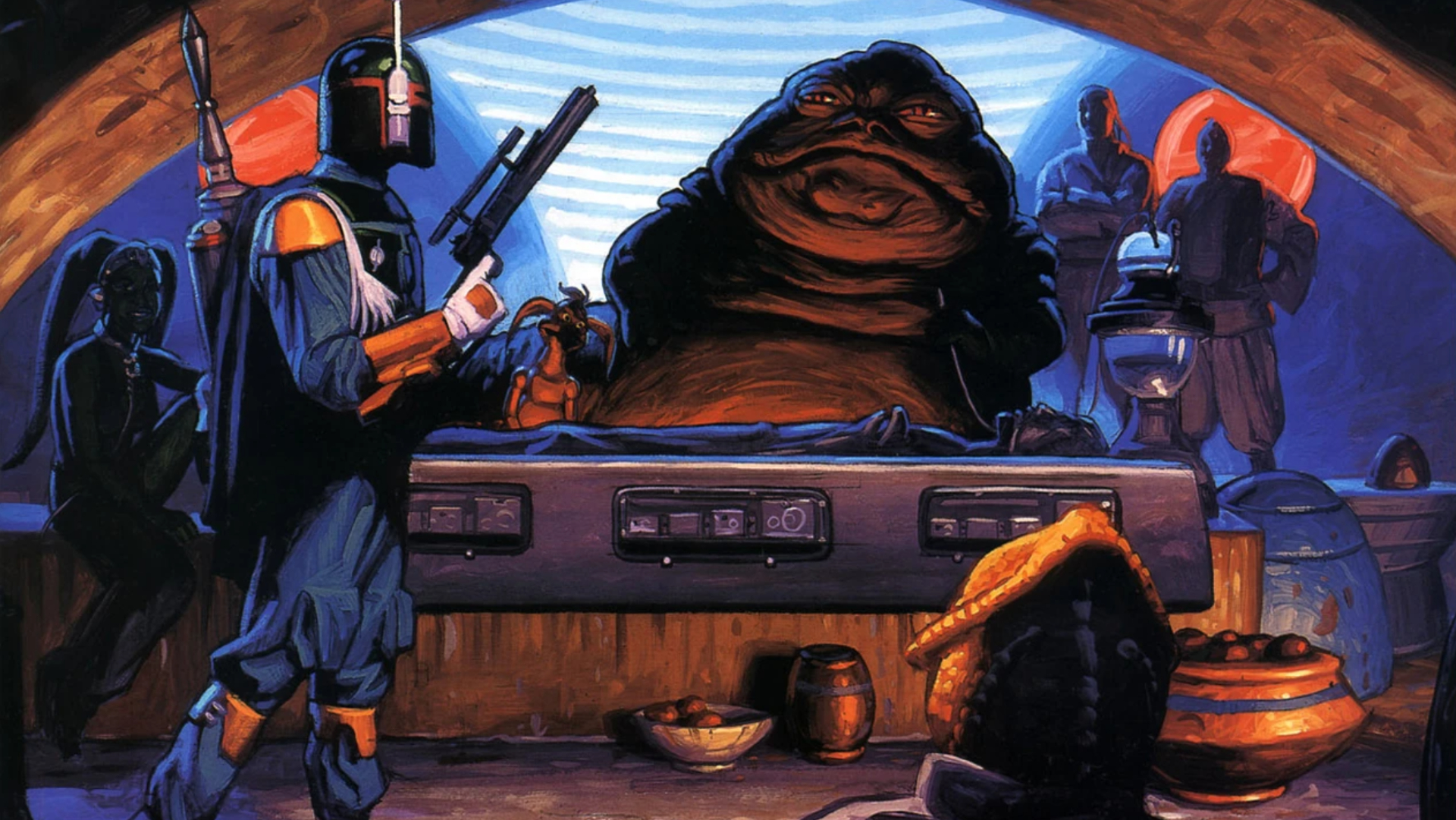 Boba Fett entregando Han Solo para Jabba em seu palácio.