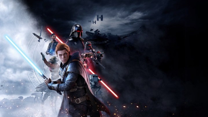Arte promocional de Star Wars Jedi: Fallen Order apresentando uma colagem do elenco principal.
