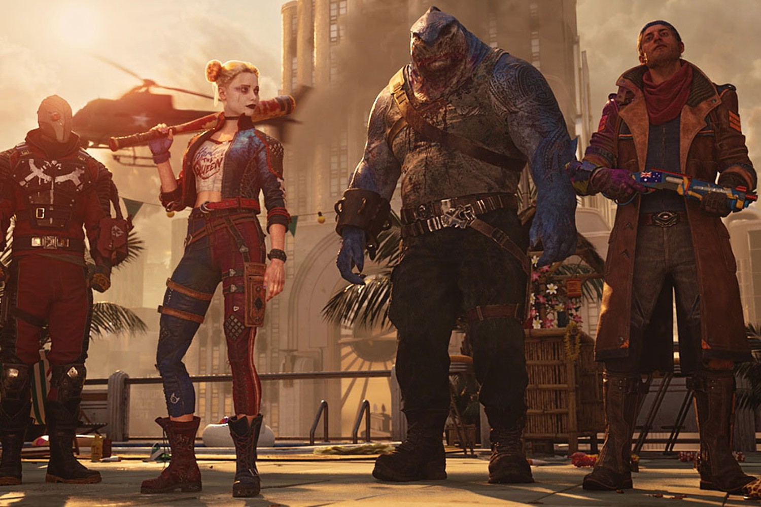 Deadshot, Harley Quinn, King Shark e Captain Boomerang em Suicide Squad: Kill the Justice League.