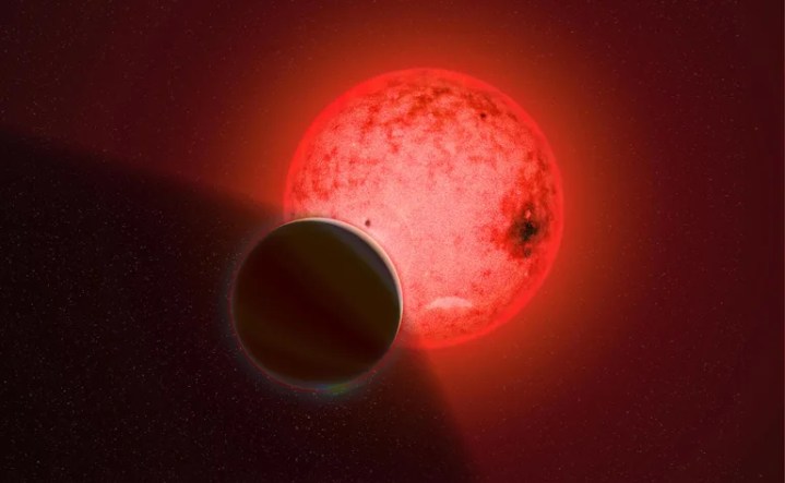 Concepção artística de um grande planeta gigante gasoso orbitando uma pequena estrela anã vermelha chamada TOI-5205.