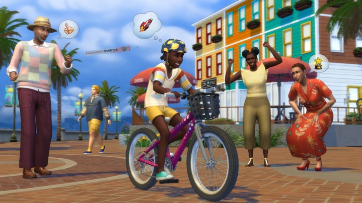 Uma criança Sim está andando de bicicleta, enquanto outros Sims a animam.