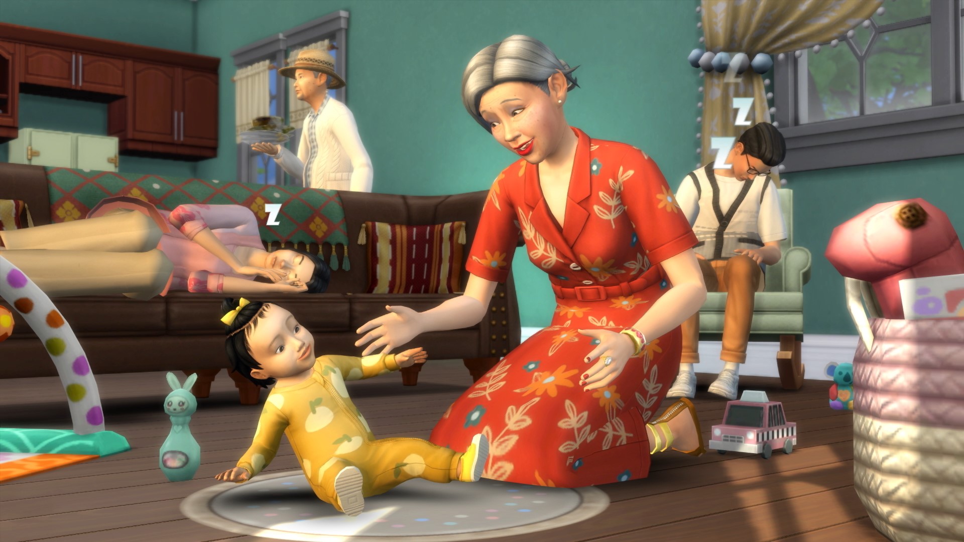Um Sim bebê e um Sim mais velho sentam-se juntos no chão, enquanto os Sims atrás deles dormem em várias posições.