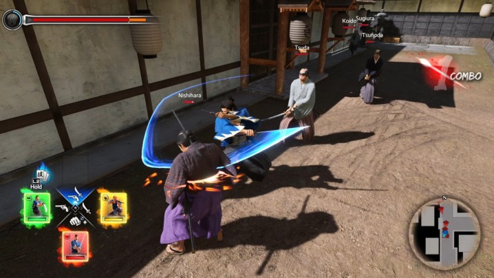 Ryoma fights enemies with Trooper cards in Like a Dragon: Ishin!
