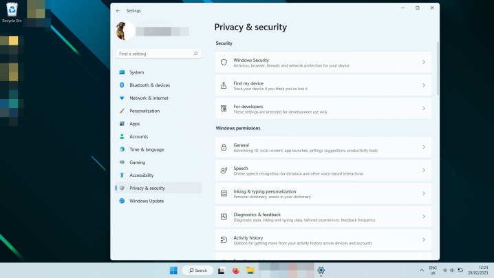 Windows 11 Privacy and Security menu.