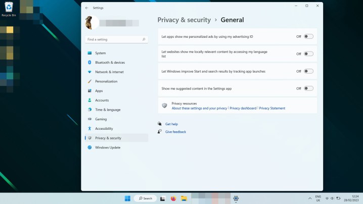 Windows 11 Privacy General settings menu.