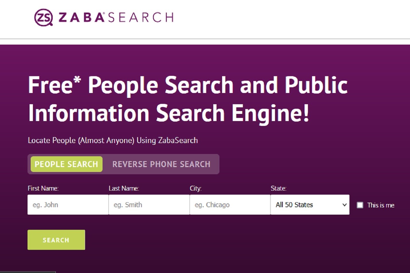 O site ZabaSearch e sua barra de pesquisa de pessoas.