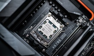 The AMD Ryzen 9 7950X3D installed in a motherboard.