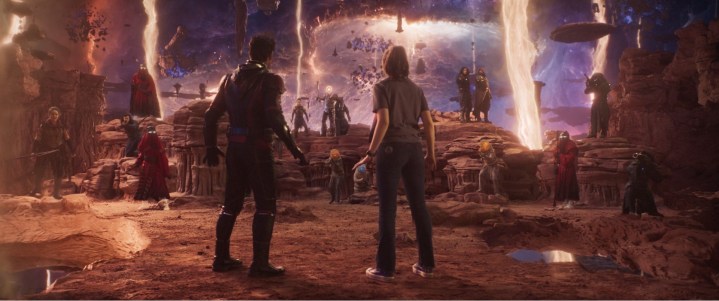 Paul Rudd and Kathryn Newton stare at a strange, alien environment in a scene from Ant-Man and the Wasp: Quantumania.
