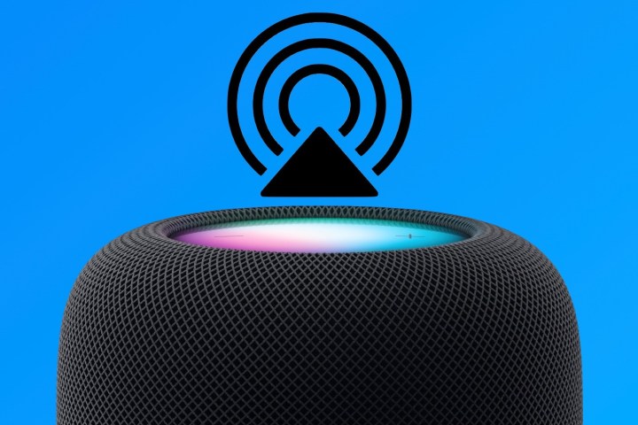 An Apple AirPlay icon hovering above an Apple HomePod speaker.