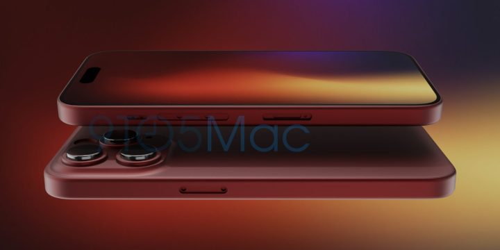 Un rendering dell'iPhone 15 Pro, mostrato in un colore rosso scuro riportato.