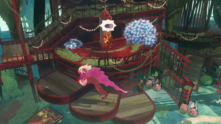 Чешир прыгает по деревянным платформам в Bayonetta Origins: Cereza and the Lost Demon.