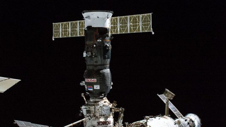 The ISS Progress 82 cargo craft is pictured shortly after docking to the space station in October of 2022.