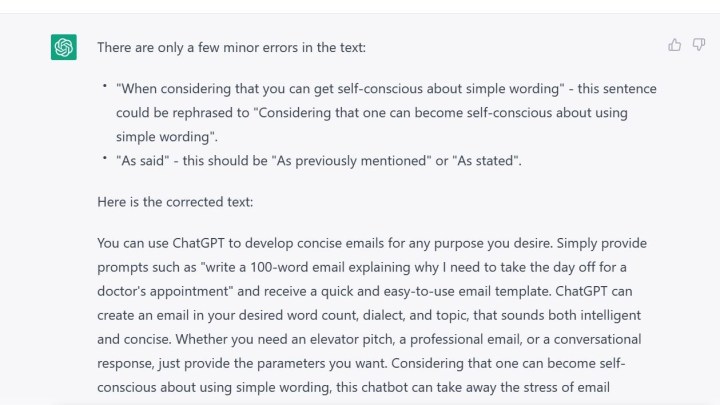 ChatGPT correcting the grammar of text in this article.