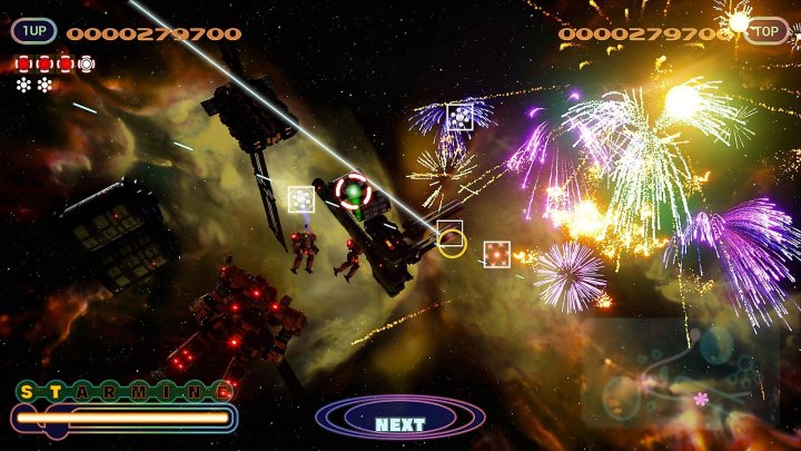 Fireworks explode around robots in Fantavision 202X.