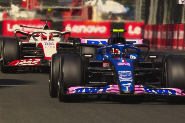 Two Formula 1 cars speed around a corner in a scene from season 5 of Formula 1: Drive to Survive.