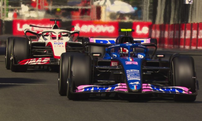 Two Formula 1 cars speed around a corner in a scene from season 5 of Formula 1: Drive to Survive.