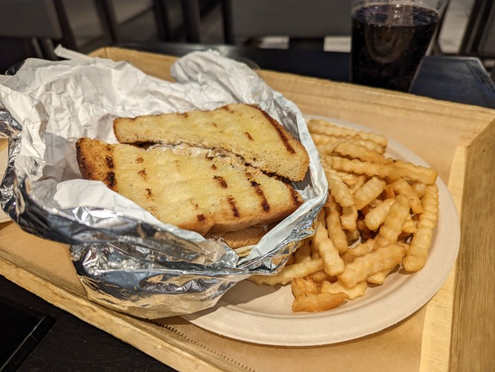 Pixel 7 Pro photo of a chicken sandwich and fries.